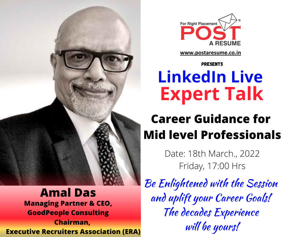 We are Live Now. Expert Talk Session with Amal Das having on "Career Guidance for Mid level Professionals". We will also attend a live Q&A. Do join us for Live session now - https://buff.ly/3wiODtR . Expert Talk Series Live Session on this Friday, 18th March, 2022 at 5 PM. This week our guest is Amal Das having more than 35 years of Rich Experience in Human Resource Industry. He will speak on "Career Guidance for Mid level Professionals". We will also attend a live Q&A. You can also submit your questions in the comments of this post as well. See you in Live Talk. Do join us for Live Notification on https://bit.ly/expertalksession . #ExpertTalk #CareerGuidance #AmalDas #PostAresume #VipulMMali #LinkedInlive #CareerTips #ExpertGuidance #HelpingHand #Facebooklive #YoutubeLive #VipulTheWonderful #VipulMali