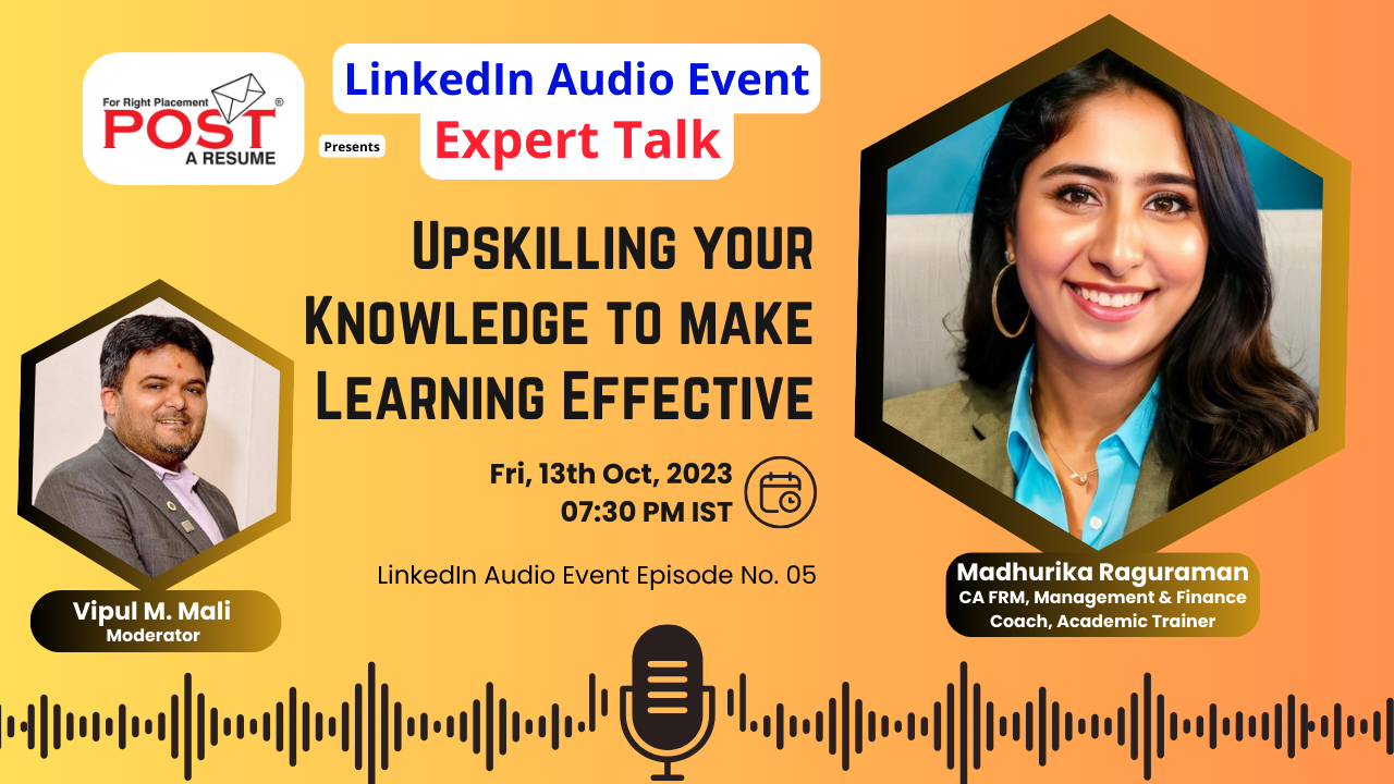 🎙 Join me on LinkedIn for a live event with Madhurika Raguraman, a Chartered Accountant specializing in knowledge enhancement for effective branding. Don't miss out on this insightful discussion today at 7:30 PM IST. Connect with us here: Event Link: https://www.linkedin.com/events/7117466349789954048/ 🚀 #LinkedInLive #KnowledgeEnhancement #EffectiveBranding #ExpertTalk #VipulTheWondeful #postaresume
